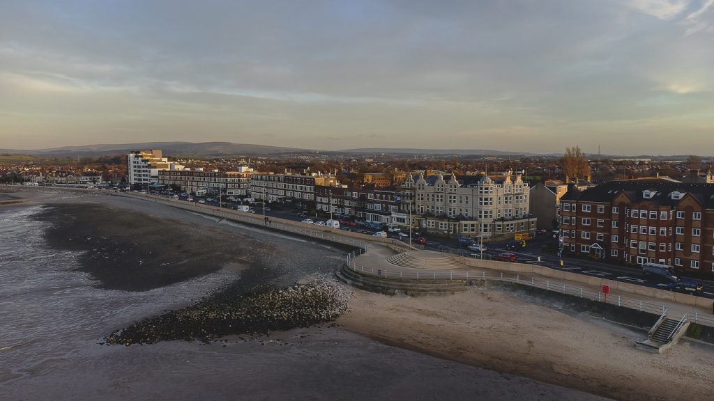 An aerial view of the seafront at Morecambe in Lancashire, UK